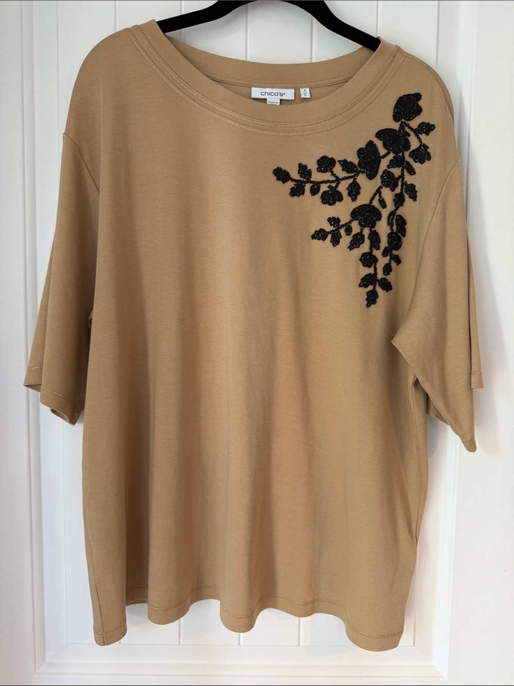 Chico's Beaded Embellished Tan Soft Short Sleeve Top Size 3 / XL Pima Cotton